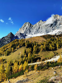 Scenic view of snowcapped mountains against blue sky