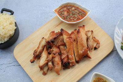 High angle view of food on cutting board