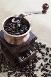 High angle view of coffee beans on table