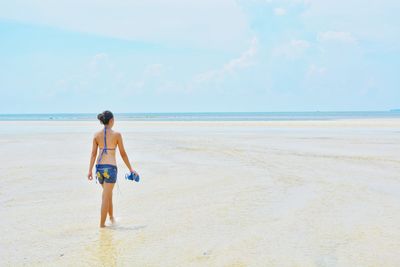 Rear view of shirtless man standing on beach against sky