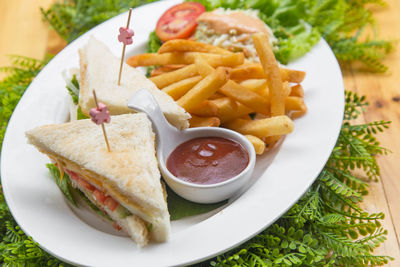 Close-up of food served on table