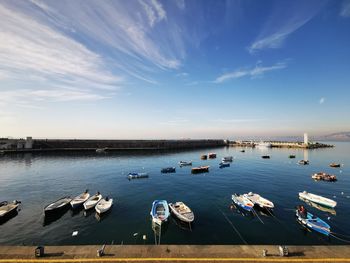 High angle view of boats moored in harbor