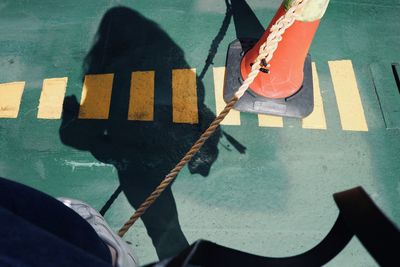 Low section of person with reflection on road in city