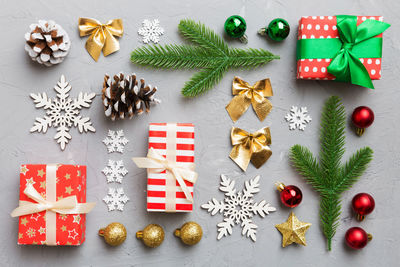 Directly above shot of christmas decorations on table