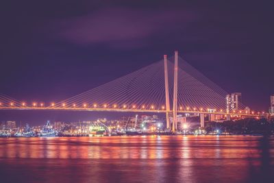 Illuminated bridge over river at night