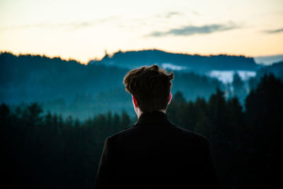 Rear view of man looking at mountain against sky