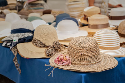 Close-up of sun hat at market for sale