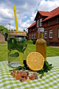 Close-up of fresh lemonade with herbs on table in back yard