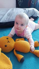 Portrait of cute baby girl with her bunny 