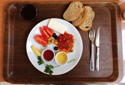 High angle view of breakfast on table