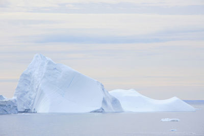 Scenic view of iceberg  against warm tone sky