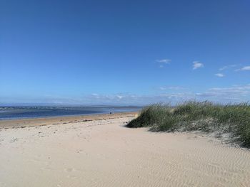 Scenic view of beach against blue sky