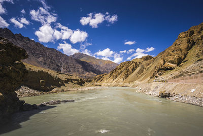 Scenic view of lake and mountains against sky