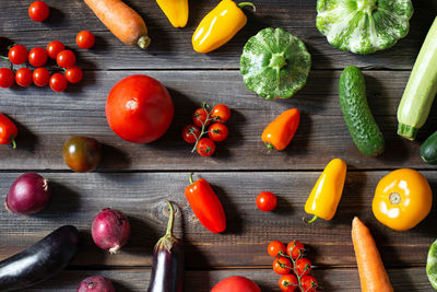 High angle view of chopped vegetables on table