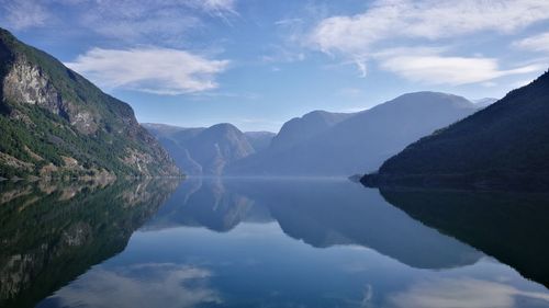 Scenic view of lake and mountains against sky