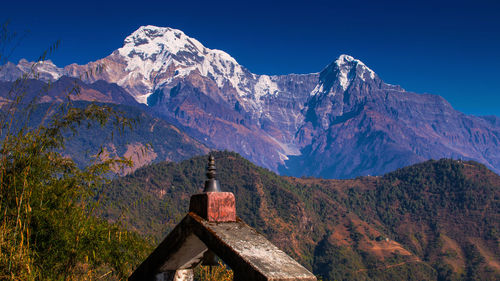 Scenic view of snowcapped mountains against clear sky