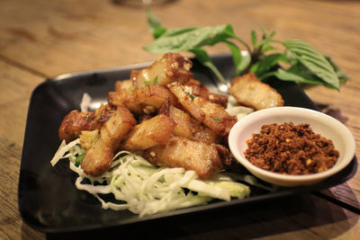 High angle view of meal served on table