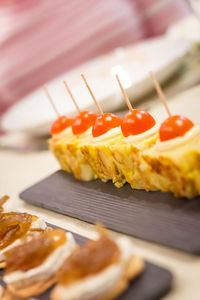 Close-up of dessert served on table