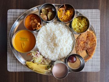 High angle view of breakfast served on table