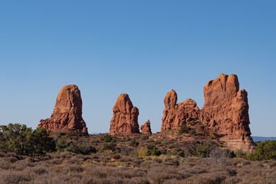 Red rock formations against blue sky in arches national park utah usa