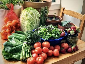 Vegetables and fruits on table.