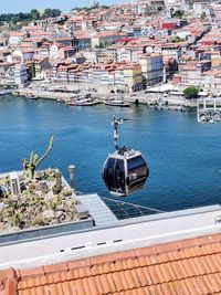 High angle view of townscape by sea