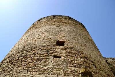 Low angle view of castle against clear blue sky