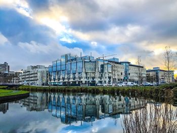 Reflection of buildings in river against sky