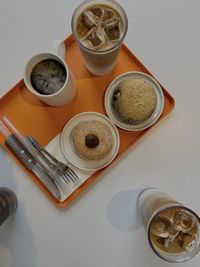 High angle view of breakfast on table