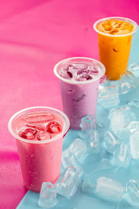 High angle view of ice cream in glass on table