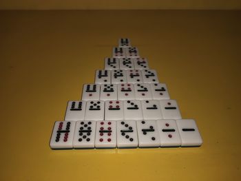 High angle view of number on table against yellow background