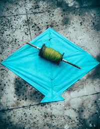 High angle view of blue plastic on floor