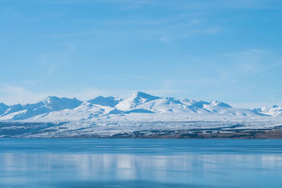 Scenic view of lake and snowcapped mountains against sky