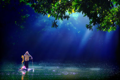 Man standing by illuminated tree at night