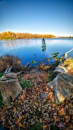 Scenic view of lake against sky during autumn