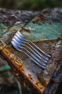High angle view of rusty water on wood