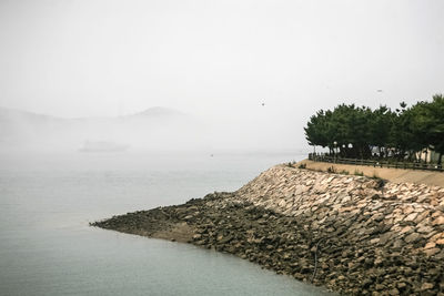 Rocks by sea against clear sky during foggy weather