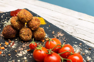 High angle view of tomatoes on table