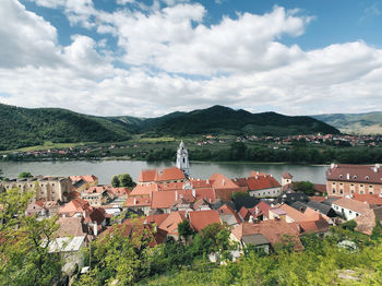 High angle view of townscape and lake against sky