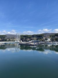 Scenic view of sea against clear blue sky