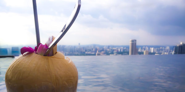 Close-up of hand holding ice cream over sea against sky