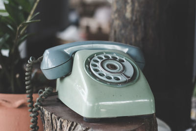 Close-up of old telephone booth