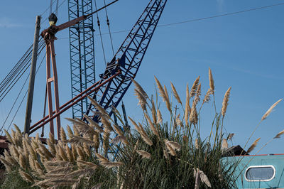 Low angle view of electricity pylon against clear blue sky