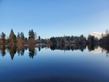 Scenic view of lake against clear blue sky