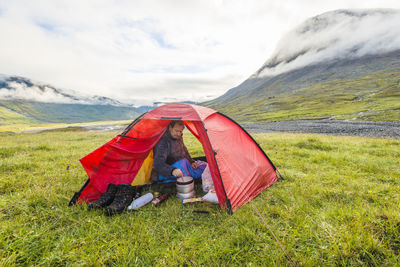 Mature man in tent