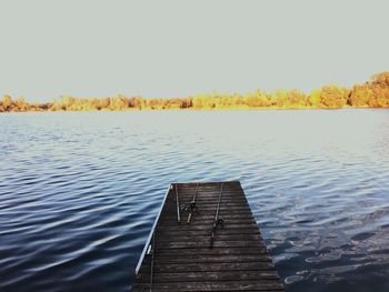 Pier on lake against clear sky