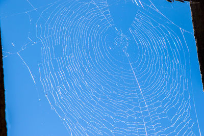 Full frame shot of spider web against blue sky