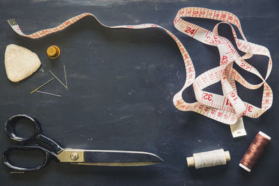 High angle view of rope on table