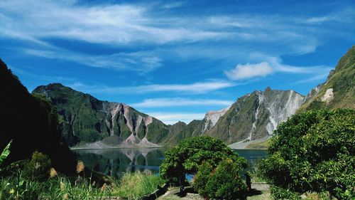 Panoramic view of lake and mountains against sky