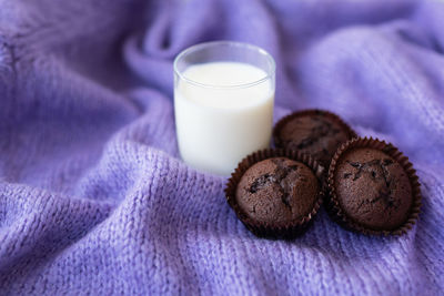 Chocolate cupcakes, along with a glass of milk, stand on a purple knitted fabric
